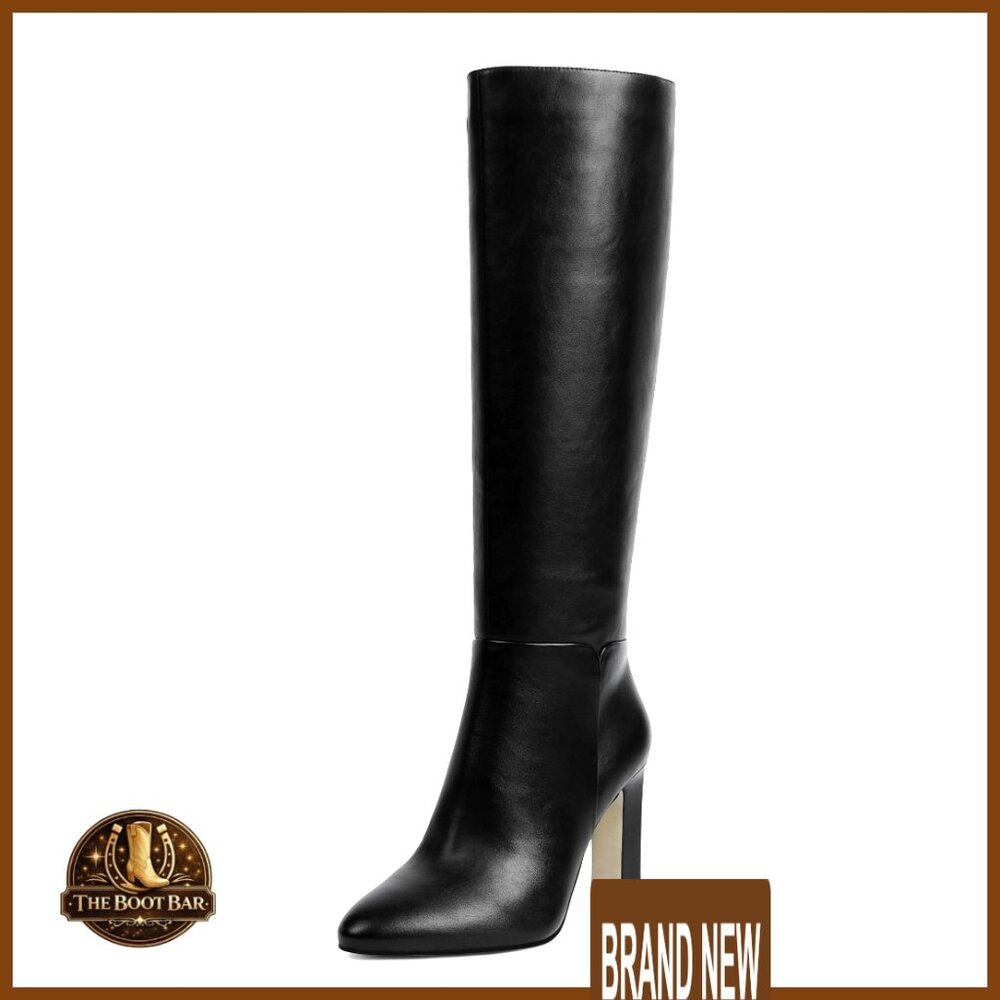 Knee High Boots Almond Toe Chunky Heel Side Zipper Elegant Classic Faux Leather